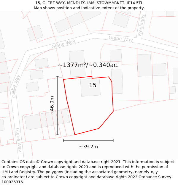 15, GLEBE WAY, MENDLESHAM, STOWMARKET, IP14 5TL: Plot and title map