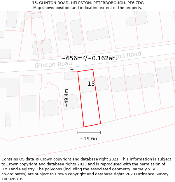 15, GLINTON ROAD, HELPSTON, PETERBOROUGH, PE6 7DG: Plot and title map