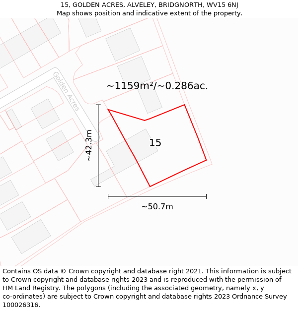 15, GOLDEN ACRES, ALVELEY, BRIDGNORTH, WV15 6NJ: Plot and title map