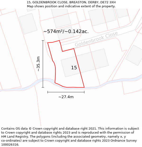 15, GOLDENBROOK CLOSE, BREASTON, DERBY, DE72 3XH: Plot and title map