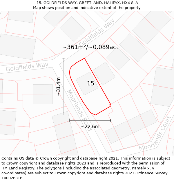 15, GOLDFIELDS WAY, GREETLAND, HALIFAX, HX4 8LA: Plot and title map