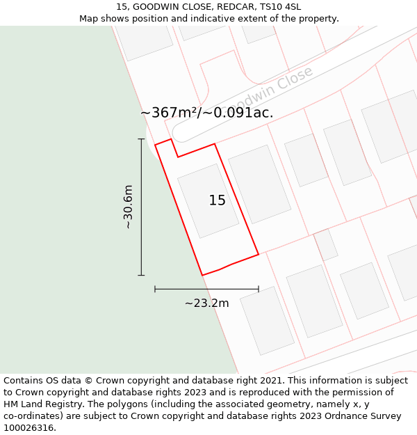 15, GOODWIN CLOSE, REDCAR, TS10 4SL: Plot and title map