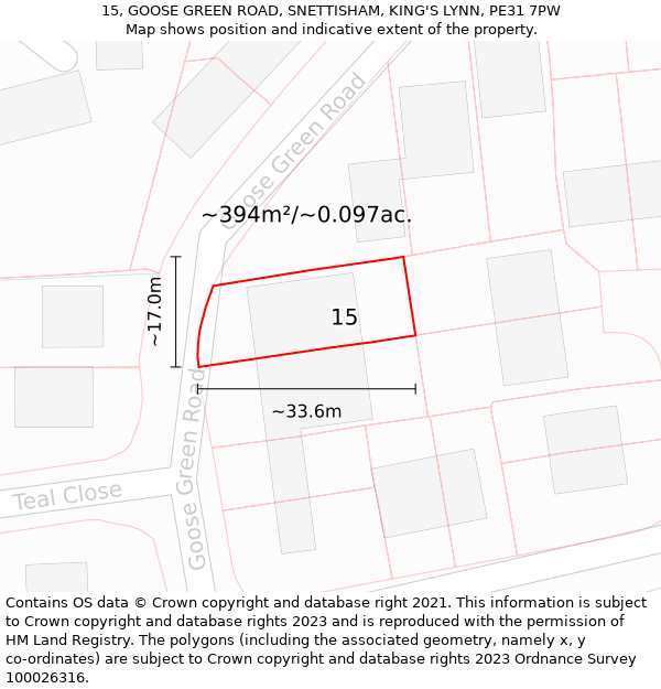 15, GOOSE GREEN ROAD, SNETTISHAM, KING'S LYNN, PE31 7PW: Plot and title map