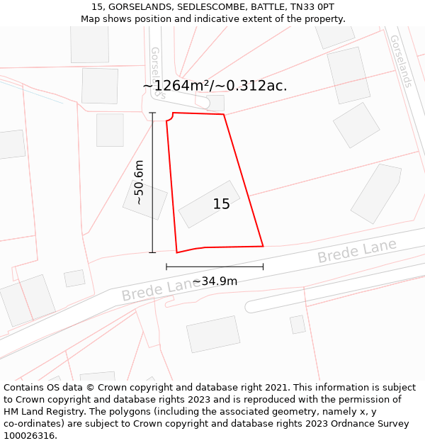 15, GORSELANDS, SEDLESCOMBE, BATTLE, TN33 0PT: Plot and title map