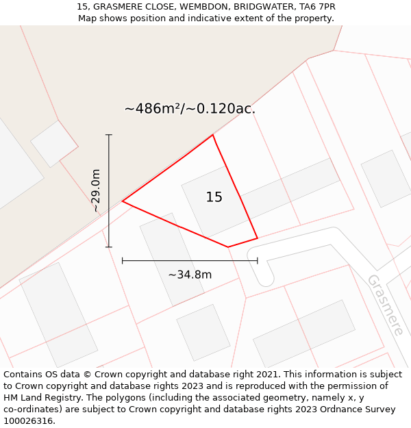 15, GRASMERE CLOSE, WEMBDON, BRIDGWATER, TA6 7PR: Plot and title map