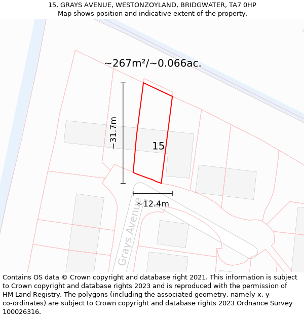 15, GRAYS AVENUE, WESTONZOYLAND, BRIDGWATER, TA7 0HP: Plot and title map