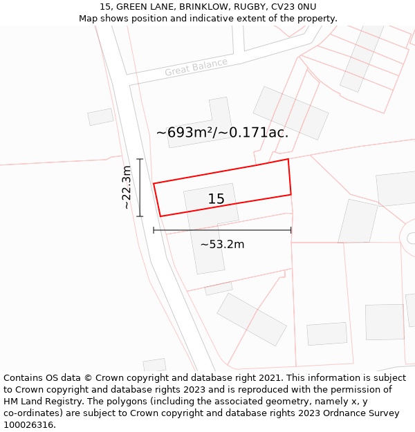 15, GREEN LANE, BRINKLOW, RUGBY, CV23 0NU: Plot and title map