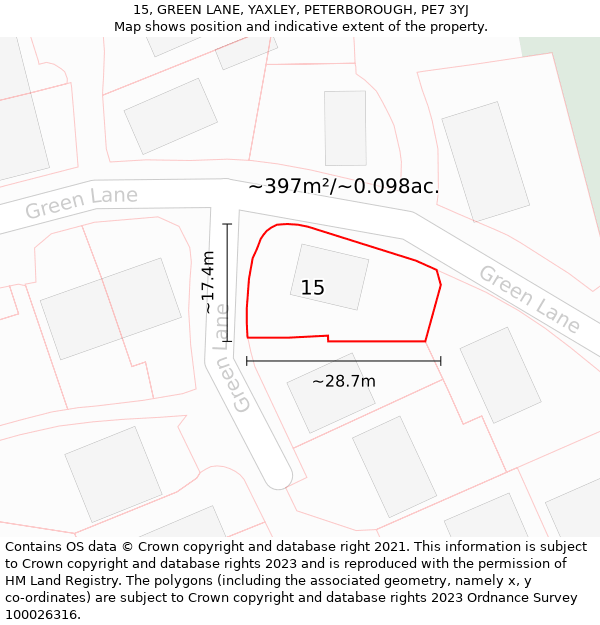 15, GREEN LANE, YAXLEY, PETERBOROUGH, PE7 3YJ: Plot and title map