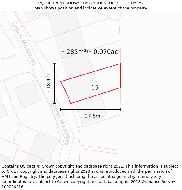 15, GREEN MEADOWS, HAWARDEN, DEESIDE, CH5 3SL: Plot and title map