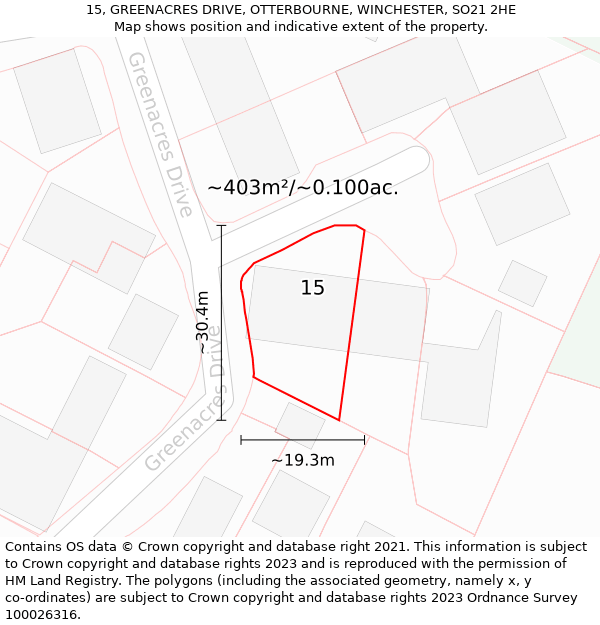 15, GREENACRES DRIVE, OTTERBOURNE, WINCHESTER, SO21 2HE: Plot and title map