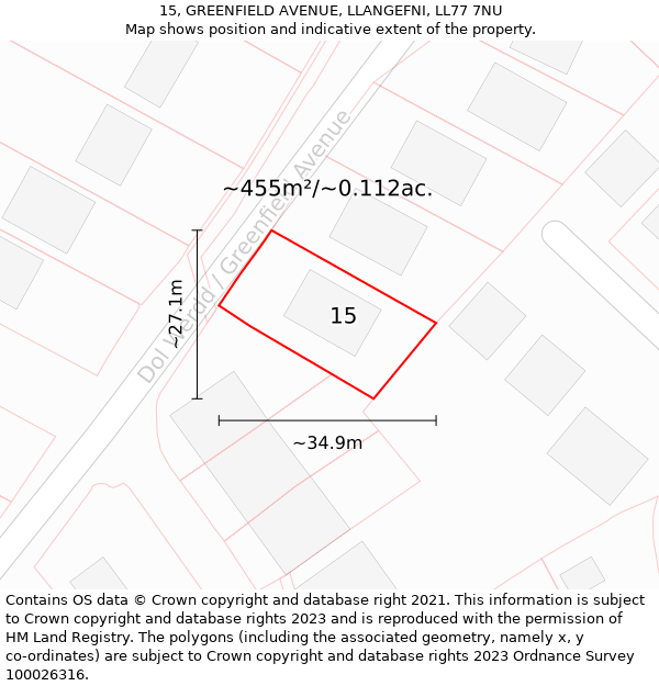 15, GREENFIELD AVENUE, LLANGEFNI, LL77 7NU: Plot and title map