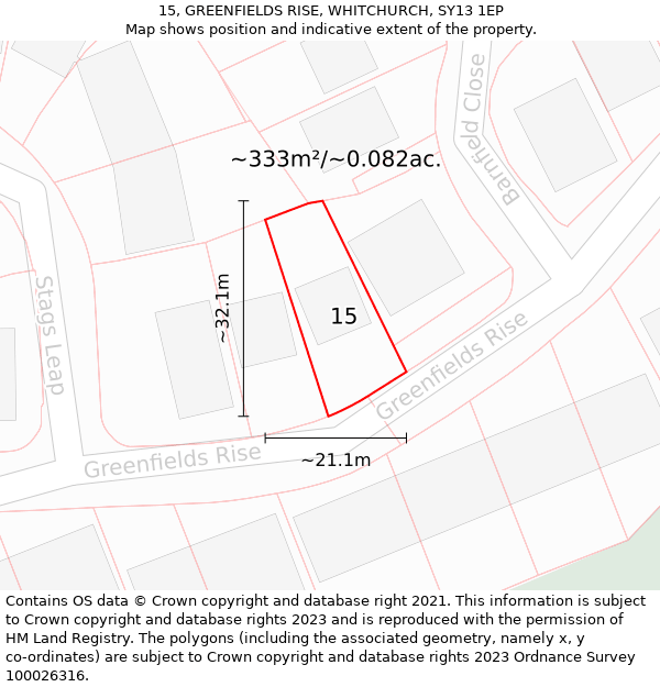 15, GREENFIELDS RISE, WHITCHURCH, SY13 1EP: Plot and title map