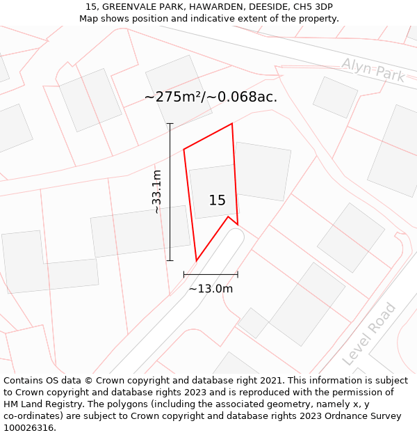 15, GREENVALE PARK, HAWARDEN, DEESIDE, CH5 3DP: Plot and title map