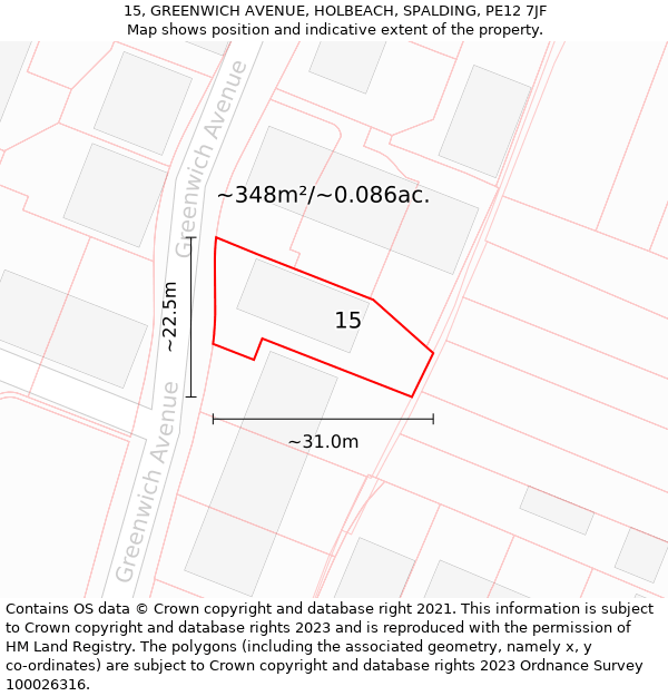 15, GREENWICH AVENUE, HOLBEACH, SPALDING, PE12 7JF: Plot and title map