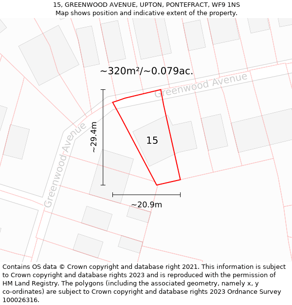 15, GREENWOOD AVENUE, UPTON, PONTEFRACT, WF9 1NS: Plot and title map