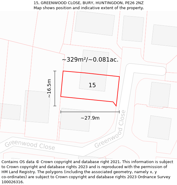 15, GREENWOOD CLOSE, BURY, HUNTINGDON, PE26 2NZ: Plot and title map