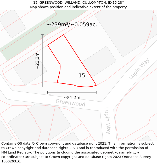 15, GREENWOOD, WILLAND, CULLOMPTON, EX15 2SY: Plot and title map