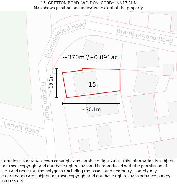 15, GRETTON ROAD, WELDON, CORBY, NN17 3HN: Plot and title map