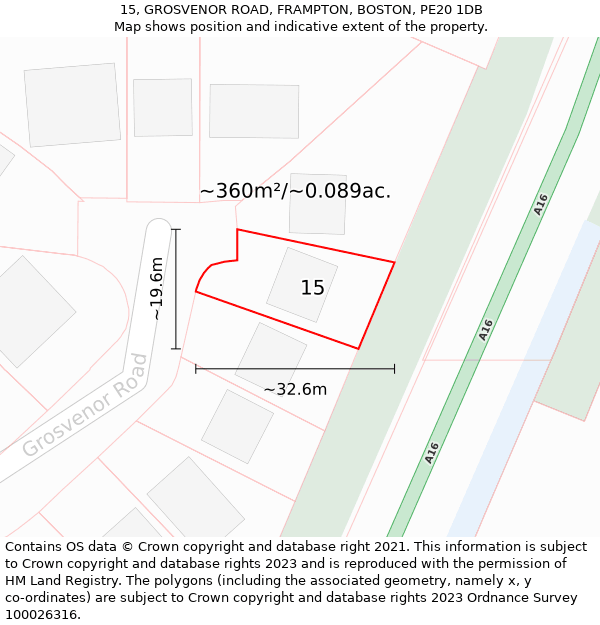 15, GROSVENOR ROAD, FRAMPTON, BOSTON, PE20 1DB: Plot and title map