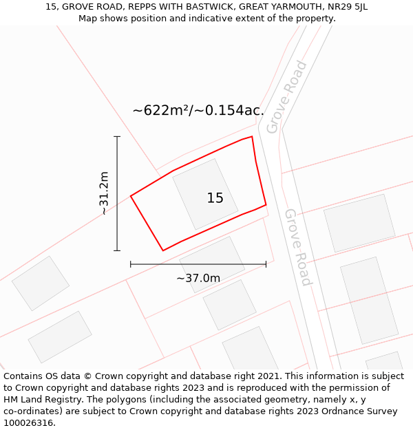 15, GROVE ROAD, REPPS WITH BASTWICK, GREAT YARMOUTH, NR29 5JL: Plot and title map