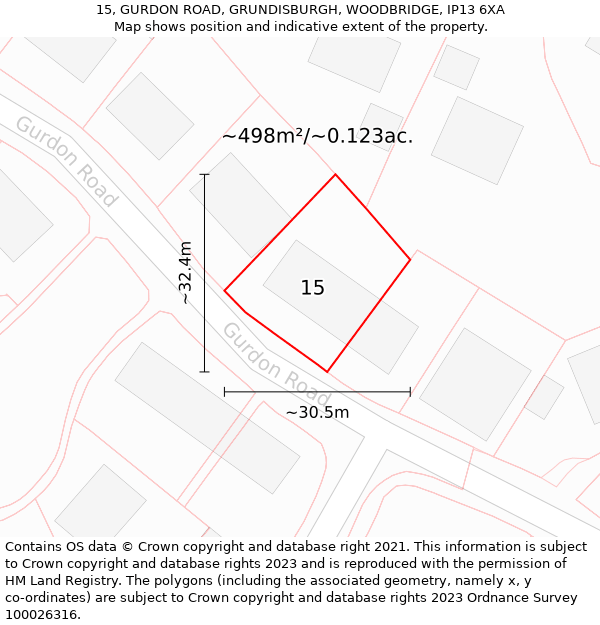 15, GURDON ROAD, GRUNDISBURGH, WOODBRIDGE, IP13 6XA: Plot and title map