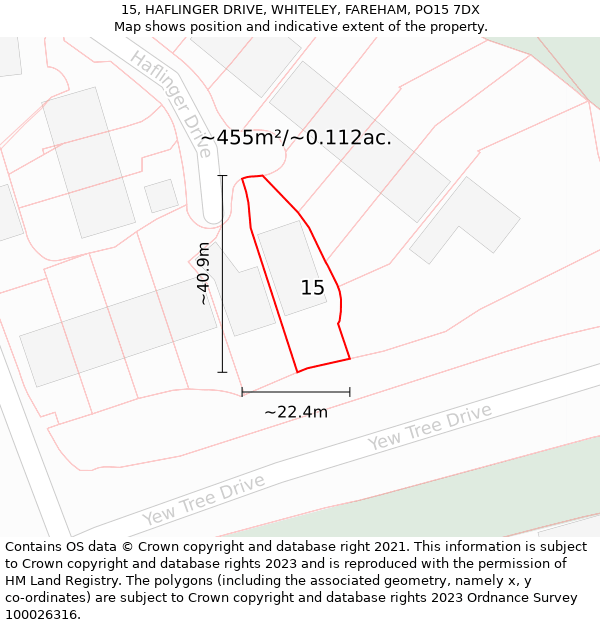 15, HAFLINGER DRIVE, WHITELEY, FAREHAM, PO15 7DX: Plot and title map