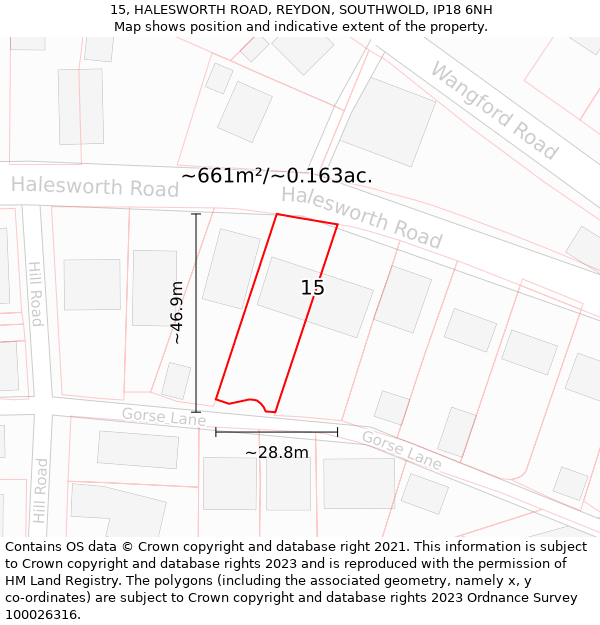 15, HALESWORTH ROAD, REYDON, SOUTHWOLD, IP18 6NH: Plot and title map