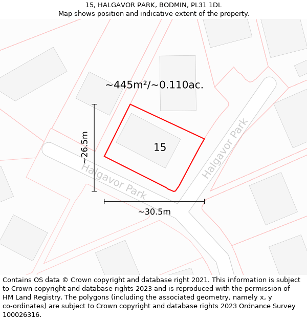 15, HALGAVOR PARK, BODMIN, PL31 1DL: Plot and title map