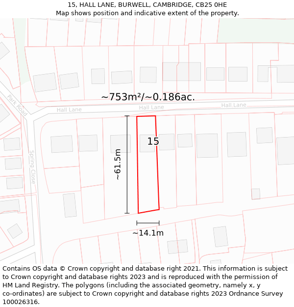 15, HALL LANE, BURWELL, CAMBRIDGE, CB25 0HE: Plot and title map