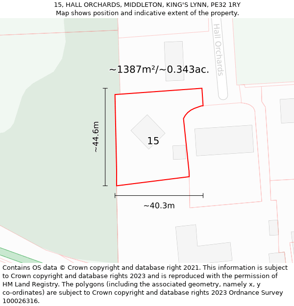 15, HALL ORCHARDS, MIDDLETON, KING'S LYNN, PE32 1RY: Plot and title map