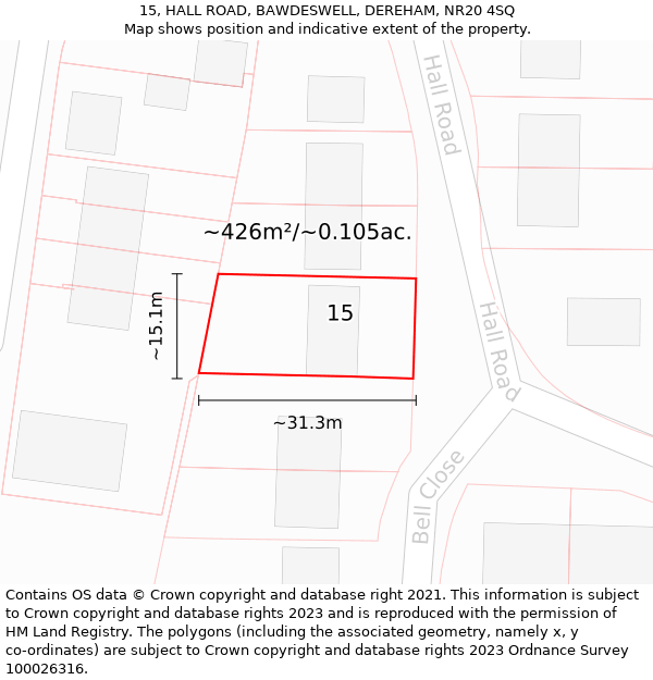 15, HALL ROAD, BAWDESWELL, DEREHAM, NR20 4SQ: Plot and title map