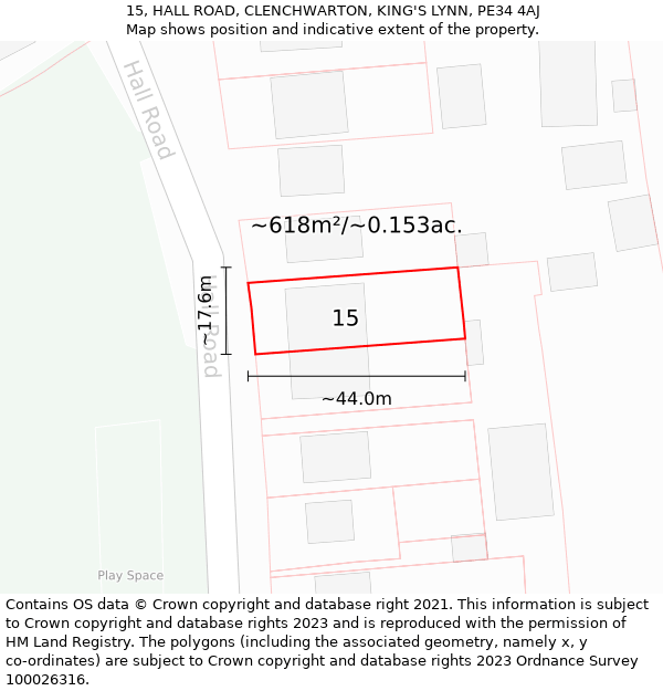 15, HALL ROAD, CLENCHWARTON, KING'S LYNN, PE34 4AJ: Plot and title map