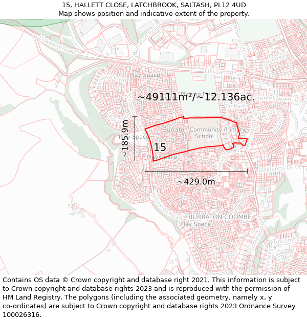 15, HALLETT CLOSE, LATCHBROOK, SALTASH, PL12 4UD: Plot and title map