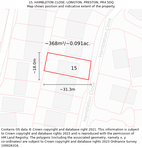 15, HAMBLETON CLOSE, LONGTON, PRESTON, PR4 5DQ: Plot and title map