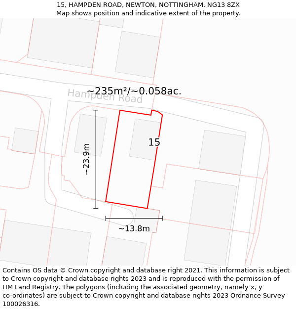 15, HAMPDEN ROAD, NEWTON, NOTTINGHAM, NG13 8ZX: Plot and title map