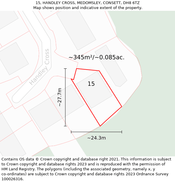 15, HANDLEY CROSS, MEDOMSLEY, CONSETT, DH8 6TZ: Plot and title map