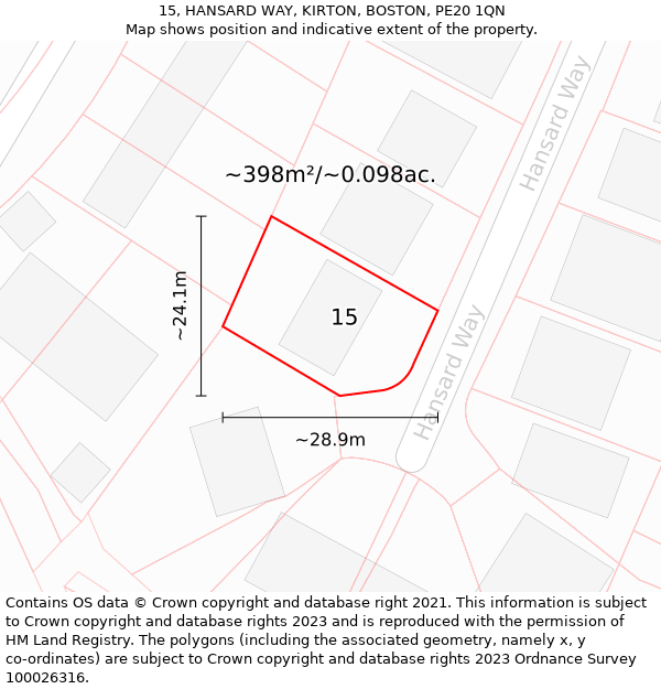 15, HANSARD WAY, KIRTON, BOSTON, PE20 1QN: Plot and title map