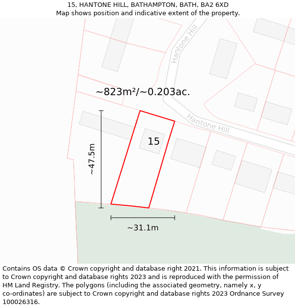 15, HANTONE HILL, BATHAMPTON, BATH, BA2 6XD: Plot and title map