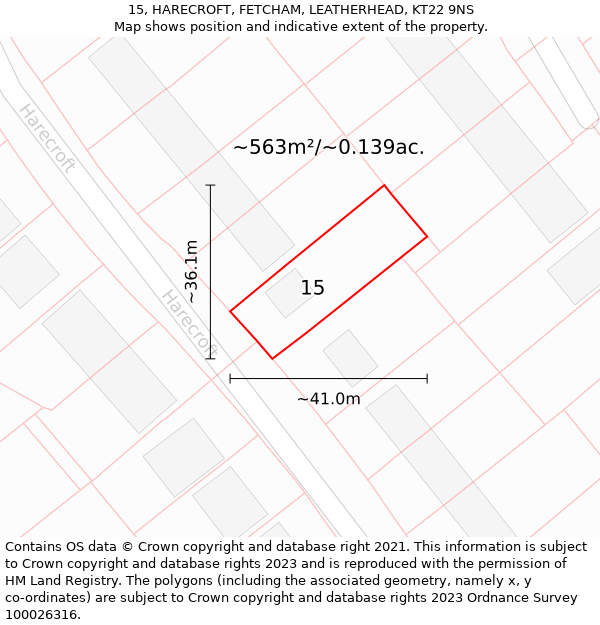 15, HARECROFT, FETCHAM, LEATHERHEAD, KT22 9NS: Plot and title map