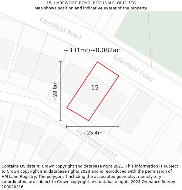 15, HAREWOOD ROAD, ROCHDALE, OL11 5TG: Plot and title map