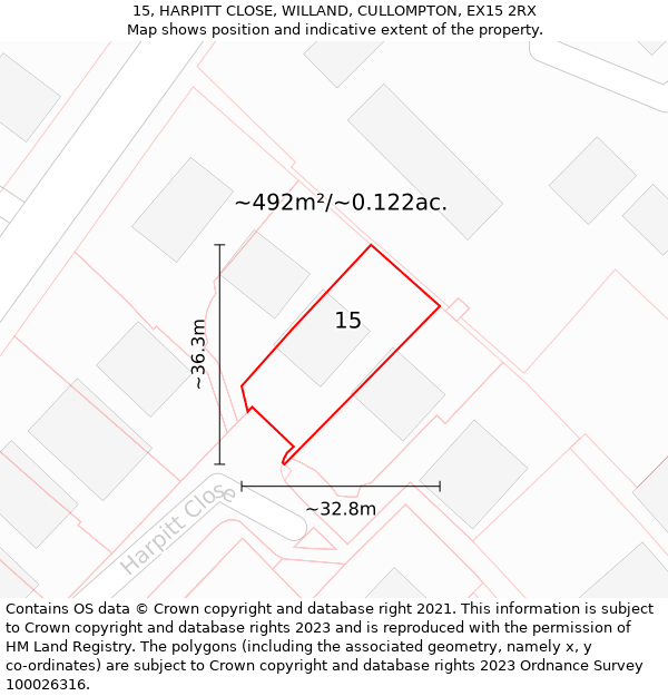 15, HARPITT CLOSE, WILLAND, CULLOMPTON, EX15 2RX: Plot and title map