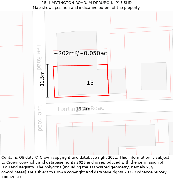 15, HARTINGTON ROAD, ALDEBURGH, IP15 5HD: Plot and title map