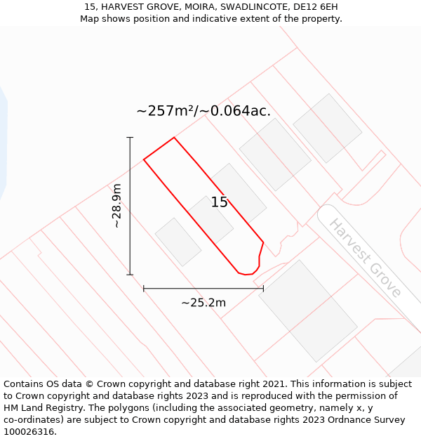 15, HARVEST GROVE, MOIRA, SWADLINCOTE, DE12 6EH: Plot and title map