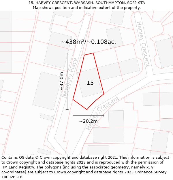 15, HARVEY CRESCENT, WARSASH, SOUTHAMPTON, SO31 9TA: Plot and title map