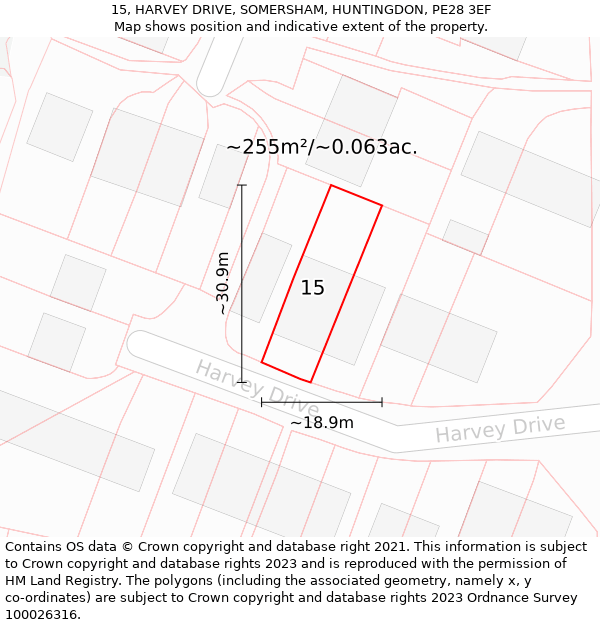 15, HARVEY DRIVE, SOMERSHAM, HUNTINGDON, PE28 3EF: Plot and title map