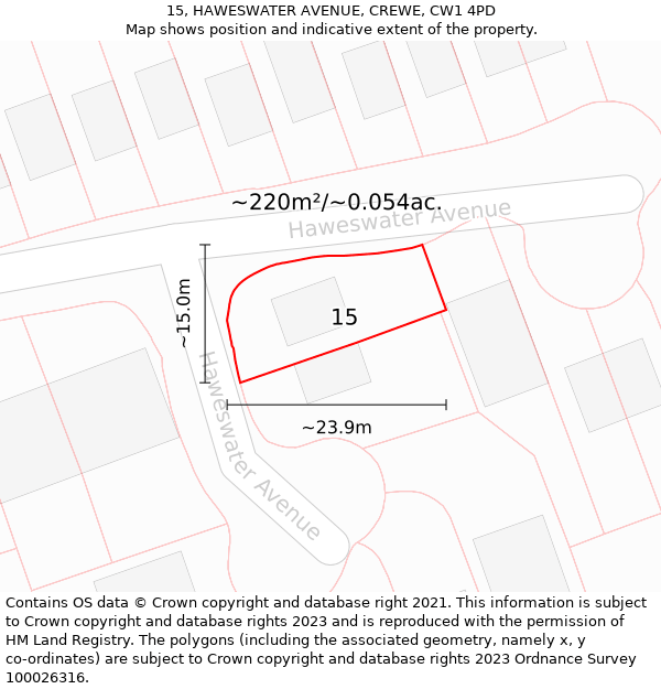 15, HAWESWATER AVENUE, CREWE, CW1 4PD: Plot and title map