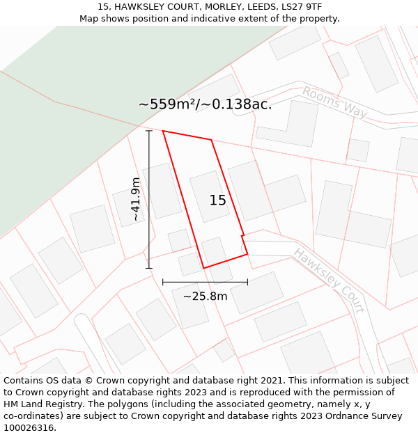 15, HAWKSLEY COURT, MORLEY, LEEDS, LS27 9TF: Plot and title map