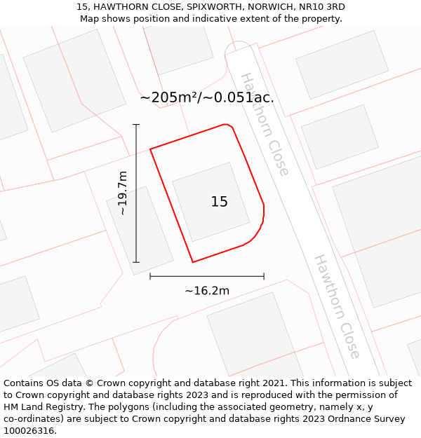 15, HAWTHORN CLOSE, SPIXWORTH, NORWICH, NR10 3RD: Plot and title map