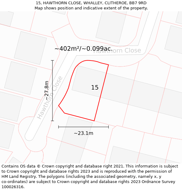 15, HAWTHORN CLOSE, WHALLEY, CLITHEROE, BB7 9RD: Plot and title map