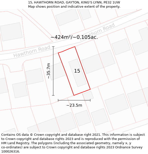 15, HAWTHORN ROAD, GAYTON, KING'S LYNN, PE32 1UW: Plot and title map